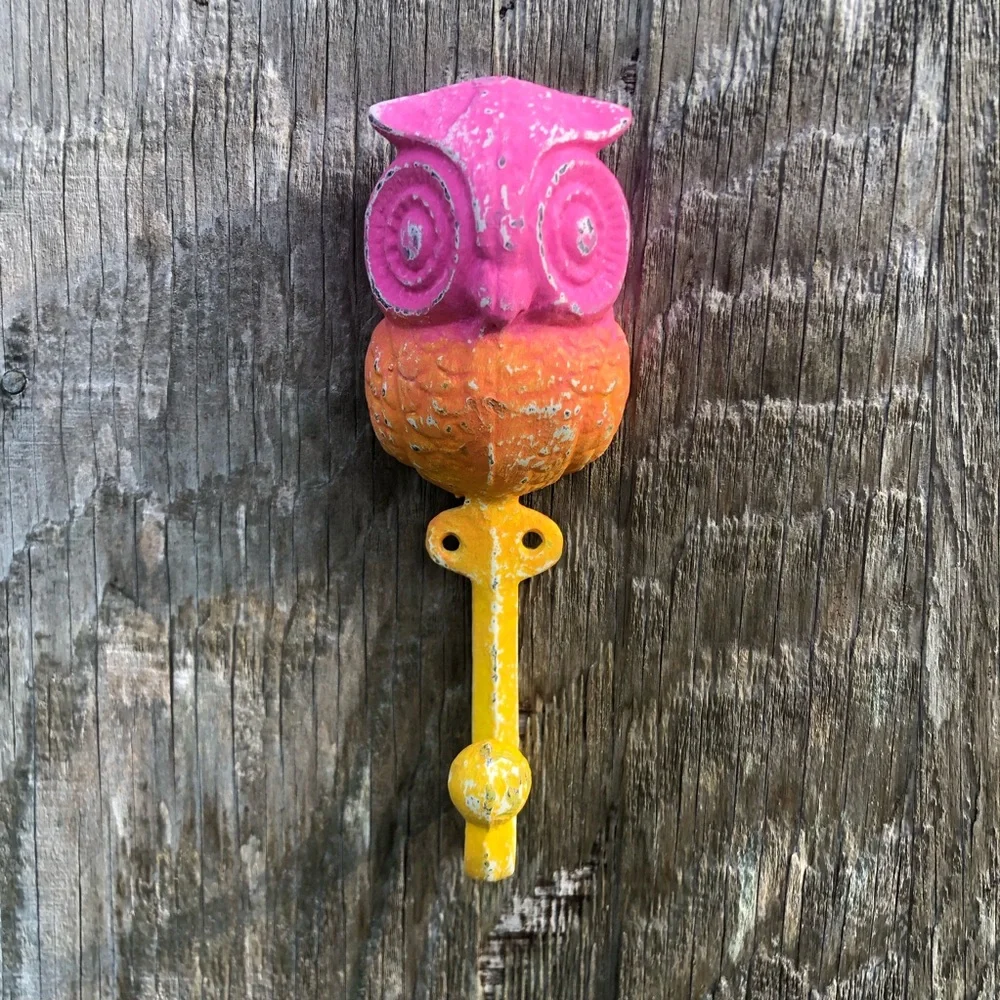 Upcycled Pink Orange and Yellow Cast Iron Owl Hook